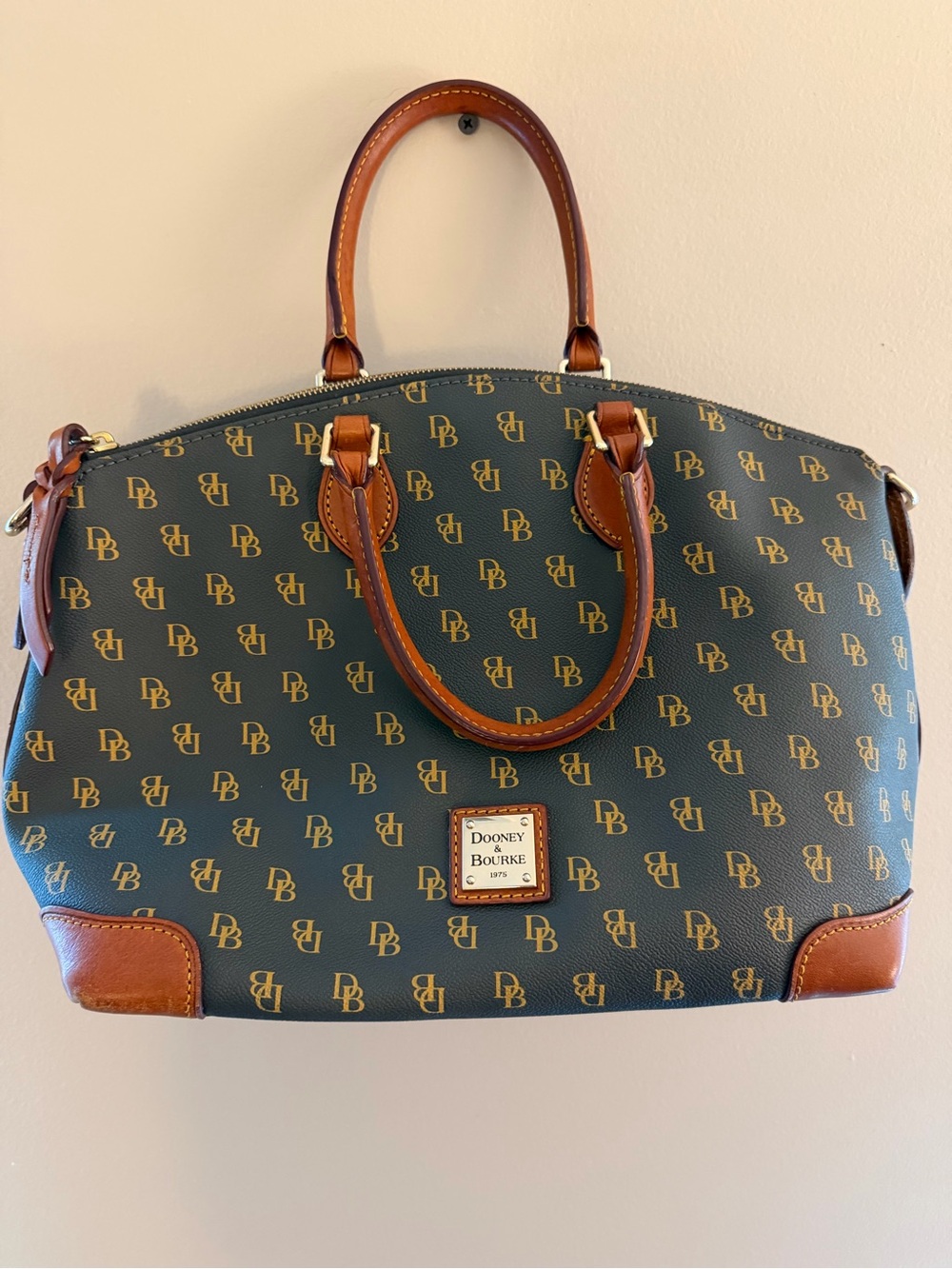 Dooney & Bourke Blue Logo Satchel with Brown Leather Trim